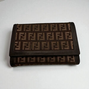 Fendi Brown Canvas & Leather Logo Snap Wallet